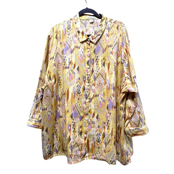Coldwater Creek Womens 3X Button-Down Southwest Print Shirt 100% Linen Yellow - Picture 1 of 6